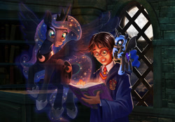 Size: 2400x1673 | Tagged: safe, artist:harwick, nightmare moon, princess luna, alicorn, ghost, human, pony, fanfic:the wizard and the lonely princess, g4, book, commission, crossover, ethereal mane, fanfic art, full moon, harry potter, harry potter (series), living toy, moon, plushie, starry mane