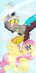 Size: 540x1080 | Tagged: safe, artist:cocolove2176, discord, fluttershy, draconequus, pegasus, pony, g4, blushing, eyelashes, female, flying, looking at each other, male, mare, ship:discoshy, shipping, straight, wings