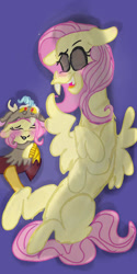 Size: 540x1080 | Tagged: safe, artist:cocolove2176, discord, fluttershy, draconequus, pegasus, pony, g4, blue background, clothes, costume, female, fluttershy suit, laughing, male, mare, pony costume, ship:discoshy, shipping, simple background, smiling, straight, wings