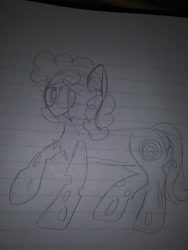 Size: 780x1040 | Tagged: safe, artist:cocolove2176, oc, oc only, oc:fluffball, changeling, changepony, hybrid, pony, changeling oc, gray background, interspecies offspring, lineart, lined paper, offspring, parent:oc:mothball, parent:screwball, parents:canon x oc, parents:screwmoth, pencil drawing, raised hoof, simple background, solo, traditional art