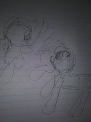 Size: 780x1040 | Tagged: safe, artist:cocolove2176, oc, oc only, earth pony, pegasus, pony, duo, earth pony oc, flying, lineart, lined paper, looking at each other, magical lesbian spawn, offspring, parent:applejack, parent:rainbow dash, parents:appledash, pegasus oc, raised hoof, traditional art, wings