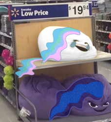 Size: 557x612 | Tagged: safe, artist:f0f0r3, princess celestia, princess luna, g4, crying, irl, laughing, market, meme, photo, photoshop, pillow, smiling, tears of joy, tears of laughter, walmart