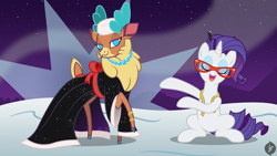 Size: 1920x1080 | Tagged: safe, artist:facelessjr, rarity, velvet (tfh), deer, pony, reindeer, unicorn, them's fightin' herds, g4, clothes, community related, crossover, dress, duo, female, fluffy, glasses, jewelry, mare, necklace, pose, show accurate, snow, vector