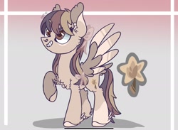 Size: 2278x1667 | Tagged: safe, artist:caramelbolt24, oc, oc only, pegasus, pony, abstract background, chest fluff, colored hooves, ear fluff, feathered fetlocks, female, grin, magical lesbian spawn, mare, offspring, parent:applejack, parent:twilight sparkle, parents:twijack, pegasus oc, raised hoof, reference sheet, signature, smiling, solo, two toned wings, wings