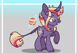 Size: 2388x1641 | Tagged: safe, artist:caramelbolt24, oc, oc only, classical unicorn, pony, unicorn, abstract background, chest fluff, cloven hooves, curved horn, ear fluff, female, horn, leonine tail, magical lesbian spawn, mare, offspring, open mouth, parent:rainbow dash, parent:twilight sparkle, parents:twidash, raised hoof, reference sheet, signature, solo, unicorn oc, unshorn fetlocks