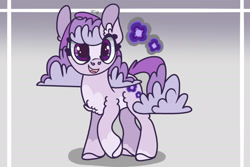 Size: 2388x1598 | Tagged: safe, artist:caramelbolt24, oc, oc only, earth pony, pony, abstract background, chest fluff, colored hooves, ear fluff, earth pony oc, female, magical lesbian spawn, mare, offspring, parent:pinkie pie, parent:rarity, parents:raripie, raised hoof, reference sheet, signature, solo