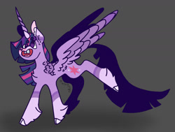 Size: 1961x1480 | Tagged: safe, artist:caramelbolt24, twilight sparkle, alicorn, pony, g4, chest fluff, dark background, ear fluff, female, hoof fluff, horn, mare, open mouth, signature, smiling, solo, twilight sparkle (alicorn), wings