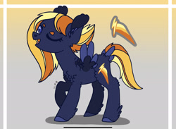 Size: 2280x1668 | Tagged: safe, artist:caramelbolt24, oc, oc only, pegasus, pony, abstract background, chest fluff, ear fluff, feathered fetlocks, female, magical lesbian spawn, mare, offspring, one eye closed, parent:applejack, parent:rainbow dash, parents:appledash, pegasus oc, raised hoof, reference sheet, signature, smiling, solo, story included, two toned wings, wings, wink