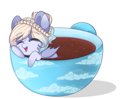 Size: 1753x1424 | Tagged: safe, artist:cloud-fly, oc, oc only, bat pony, pony, commission, cup, cup of pony, eye clipping through hair, eyebrows, eyebrows visible through hair, eyes closed, female, mare, micro, simple background, smiling, solo, teacup, transparent background, ych result