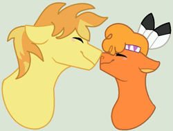Size: 745x562 | Tagged: safe, artist:jadeharmony, braeburn, little strongheart, bison, buffalo, earth pony, pony, g4, female, gray background, male, ship:braeheart, shipping, simple background, stallion, straight