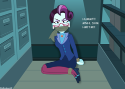 Size: 1058x756 | Tagged: safe, artist:robukun, principal abacus cinch, equestria girls, g4, bondage, bound and gagged, cloth gag, female, gag, muffled words, solo, tied hands, tied up, vertical file cabinet
