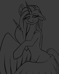 Size: 1080x1350 | Tagged: safe, artist:tessa_key_, pinkie pie, earth pony, pony, g4, bedroom eyes, broken horn, eyelashes, female, gray background, hoof hold, horn, lineart, mare, monochrome, needle, pinkamena diane pie, simple background, smiling, solo, wings