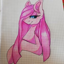 Size: 1080x1080 | Tagged: safe, artist:tessa_key_, pinkie pie, earth pony, pony, g4, bedroom eyes, bust, eyelashes, female, graph paper, mare, pinkamena diane pie, smiling, solo, traditional art