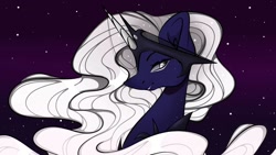 Size: 1080x608 | Tagged: safe, artist:tessa_key_, princess luna, alicorn, pony, g4, alternate design, bust, ethereal mane, eyelashes, female, horn, horn jewelry, jewelry, mare, night, redesign, smiling, solo, starry mane, stars, white-haired luna