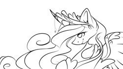 Size: 1080x608 | Tagged: safe, artist:tessa_key_, princess cadance, alicorn, pony, g4, alternate design, bust, curved horn, ear fluff, ethereal mane, eyelashes, female, horn, horn jewelry, jewelry, lineart, mare, monochrome, peytral, redesign, simple background, smiling, solo, starry mane, tiara, white background, wings