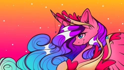 Size: 1080x608 | Tagged: safe, alternate version, artist:tessa_key_, princess cadance, alicorn, pony, g4, abstract background, alternate design, bust, colored, curved horn, ear fluff, ethereal mane, eyelashes, female, horn, horn jewelry, jewelry, mare, peytral, redesign, smiling, solo, starry mane, stars, tiara, wings