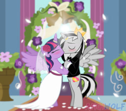 Size: 1280x1134 | Tagged: safe, artist:amgiwolf, twilight sparkle, oc, alicorn, pony, g4, alicorn oc, bipedal, blushing, bowtie, canon x oc, clothes, dress, female, horn, horn ring, indoors, jewelry, kissing, male, mare, marriage, ring, smiling, stallion, straight, twilight sparkle (alicorn), wedding, wedding dress, wedding ring, wedding veil, wings