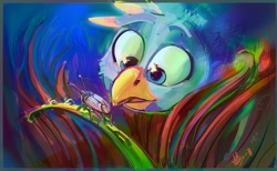 Size: 3482x2138 | Tagged: safe, artist:alumx, gallus, beetle, griffon, insect, g4, cheek fluff, close-up, cute, gallabetes, grass, head, high res, looking at something, male, open mouth, smiling, solo