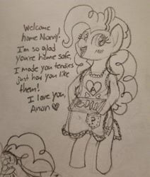 Size: 1960x2307 | Tagged: safe, artist:legendoflink, pinkie pie, earth pony, pony, g4, apron, clothes, cute, diapinkes, heart, looking at you, motivational, standing up, talking to viewer, tendies, text