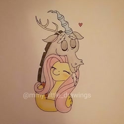Size: 1071x1071 | Tagged: safe, artist:mmy_little_drawings, discord, fluttershy, draconequus, pegasus, pony, g4, blushing, bust, eyes closed, female, heart, hug, male, mare, obtrusive watermark, ship:discoshy, shipping, smiling, straight, traditional art, watermark