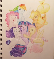 Size: 1078x1176 | Tagged: safe, artist:mmy_little_drawings, applejack, fluttershy, pinkie pie, rainbow dash, rarity, twilight sparkle, seapony (g4), g4, eyelashes, eyes closed, female, hat, horn, mane six, obtrusive watermark, open mouth, seaponified, seapony applejack, seapony fluttershy, seapony pinkie pie, seapony rainbow dash, seapony rarity, seapony twilight, smiling, species swap, traditional art, watermark