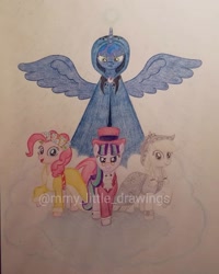 Size: 1079x1349 | Tagged: safe, artist:mmy_little_drawings, applejack, pinkie pie, princess luna, snowfall frost, spirit of hearth's warming past, spirit of hearth's warming presents, spirit of hearth's warming yet to come, starlight glimmer, alicorn, earth pony, pony, unicorn, g4, cloak, clothes, eyelashes, female, frown, hat, horn, mare, obtrusive watermark, spread wings, top hat, traditional art, watermark, wings