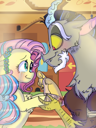 Size: 899x1200 | Tagged: safe, artist:cocolove2176, discord, fluttershy, draconequus, pegasus, pony, g4, blushing, bust, eyelashes, female, holding hands, indoors, looking at each other, male, mare, ship:discoshy, shipping, smiling, straight