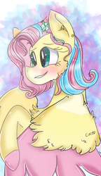 Size: 540x938 | Tagged: safe, artist:cocolove2176, fluttershy, pegasus, pony, g4, abstract background, alternate design, blushing, eyelashes, female, mare, smiling, solo, two toned wings, wings