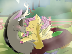 Size: 1200x899 | Tagged: safe, artist:cocolove2176, discord, fluttershy, draconequus, pegasus, pony, g4, blushing, coils, colored hooves, eyes closed, female, flower, flower in hair, hug, kissing, male, mare, older, older fluttershy, outdoors, ship:discoshy, shipping, smiling, straight, wings