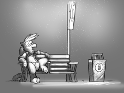 Size: 1280x960 | Tagged: safe, artist:captainhoers, oc, oc only, oc:kalimu, griffon, bench, black and white, cyberpunk, grayscale, griffon oc, lamppost, monochrome, night, nighthaze, sierra nevada, sitting, snow, snowfall, solo, trash can