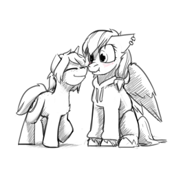 Size: 1280x1280 | Tagged: safe, artist:captainhoers, oc, oc only, oc:blazing rose, oc:contrail spotter, pegasus, pony, unicorn, black and white, blushing, boop, clothes, cyberpunk, duo, freckles, grayscale, hoodie, monochrome, nighthaze, noseboop, nuzzling, partial color, sierra nevada, simple background, size difference, sketch, unshorn fetlocks, white background