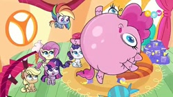 Size: 640x360 | Tagged: safe, screencap, pinkie pie, alicorn, earth pony, pegasus, pony, unicorn, g4.5, my little pony: pony life, the tiara of truth, balloonie pie, female, fetish fuel, inflation, mare, sitting, tiny pop, tongue out