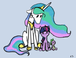 Size: 6576x5000 | Tagged: safe, artist:dark shadow, princess celestia, spike, twilight sparkle, alicorn, dragon, pony, g4, blue background, colored sketch, cute, dot eyes, floppy ears, simple background, sitting, wingless