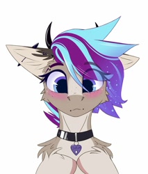 Size: 1700x2000 | Tagged: safe, artist:observerdoz, oc, oc only, oc:ouija, pony, blaze (coat marking), blushing, bust, coat markings, collar, countershading, ear piercing, eye clipping through hair, eyebrow piercing, eyebrows, eyebrows visible through hair, facial markings, heart collar, horns, looking at you, pale belly, piercing, solo