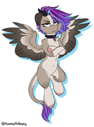 Size: 1216x1652 | Tagged: safe, artist:mulberrytarthorse, oc, oc:ouija, succubus, succubus pony, belly, collar, countershading, flying, folded forelegs, freckles, grumpy, horns, piercing, solo, succubus oc