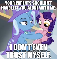 Size: 620x642 | Tagged: safe, edit, edited screencap, screencap, raspberry dazzle, trixie, pony, unicorn, g4, the ending of the end, bad influence, bedroom eyes, caption, female, filly, image macro, implied foalcon, mare, text