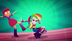Size: 1280x720 | Tagged: safe, screencap, rainbow dash, scootaloo, eqg summertime shorts, equestria girls, g4, raise this roof, belt, boots, clothes, cutie mark, cutie mark on clothes, devil horn (gesture), duo, duo female, faic, fall formal outfits, female, fingerless gloves, gloves, lidded eyes, looking at you, shoes, sleeveless, smug, smugdash, t pose, wide eyes