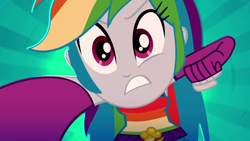 Size: 1280x720 | Tagged: safe, screencap, rainbow dash, equestria girls, g4, my little pony equestria girls: summertime shorts, raise this roof, angry, belt, clothes, cutie mark, cutie mark on clothes, fall formal outfits, female, fingerless gloves, gloves, looking at you, out of context, solo, teeth