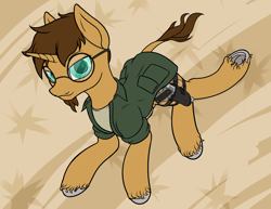 Size: 4290x3307 | Tagged: safe, artist:thehuskylord, oc, oc only, pony, unicorn, clothes, coat, frog (hoof), glasses, gun, handgun, m1911, pistol, shirt, solo, tailes, underhoof, unshorn fetlocks