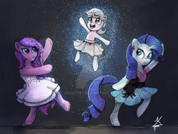 Size: 1280x960 | Tagged: safe, artist:jekartist, rarity, oc, oc:etoile assolutadonna, oc:tutu twinkletoes, pony, unicorn, g4, ballerina, ballet, bow, clothes, crossdressing, dancing, ear piercing, earring, female, femboy, floating, gemstones, horn, jewelry, magic, male, mother and child, obtrusive watermark, open smile, parent:rarity, parents:canon x oc, piercing, ribbon, smiling, sparkles, standing on one leg, tutu, tutus, unicorn oc, watermark