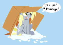 Size: 2800x2000 | Tagged: safe, artist:skookz, derpy hooves, pegasus, pony, g4, box, cardboard box, cute, derpabetes, female, happy, high res, mare, packing peanuts, pony in a box, simple background, sitting, solo, speech bubble, text