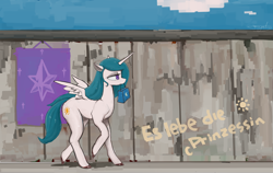 Size: 9500x6000 | Tagged: safe, artist:ymsgelgoog, princess celestia, alicorn, pony, g4, alternate design, alternate eye color, bag, banner, blue mane, cloud, colored hooves, cutie mark, female, fence, german, graffiti, horn, mouth hold, painterly, purple eyes, shopping bag, small wings, solo, walking, white coat, wings