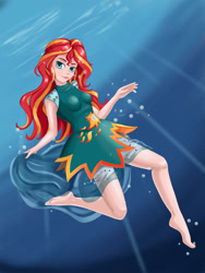 Size: 1551x2060 | Tagged: safe, artist:scs-g3-n17, sunset shimmer, equestria girls, g4, barefoot, breasts, bubble, busty sunset shimmer, clothes, dress, feet, female, human coloration, solo, underwater