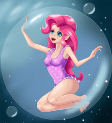 Size: 2077x2279 | Tagged: safe, artist:scs-g3-n17, pinkie pie, equestria girls, g4, barefoot, bubble, clothes, feet, female, high res, human coloration, in bubble, one-piece swimsuit, pinkie pie trapped in a bubble, solo, swimsuit