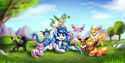 Size: 3495x1778 | Tagged: safe, artist:deraniel, oc, oc only, oc:graceful motion, butterfly, eevee, espeon, flareon, glaceon, jolteon, leafeon, pegasus, pony, sylveon, umbreon, vaporeon, crossover, cute, eeveelution, eyes closed, female, happy, mare, park, pokémon, smiling, wings