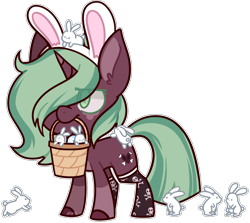 Size: 2160x1923 | Tagged: safe, artist:jetjetj, part of a set, oc, oc only, oc:toxic spill, pony, rabbit, unicorn, animal, basket, bunny ears, chibi, commission, easter egg, female, mare, mouth hold, simple background, solo, transparent background, ych result