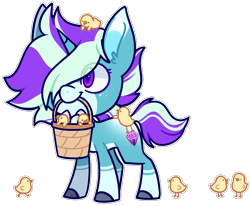 Size: 2104x1736 | Tagged: safe, artist:jetjetj, part of a set, oc, oc only, oc:shimmer stone, pony, unicorn, basket, chibi, chick, commission, easter egg, female, mare, mouth hold, simple background, solo, transparent background, ych result