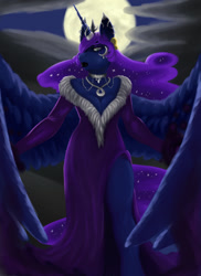Size: 934x1280 | Tagged: safe, artist:blandy, nightmare moon, alicorn, anthro, unguligrade anthro, g4, breasts, busty nightmare moon, clothes, digital art, dress, fantasy class, female, horn, jewelry, moon, necklace, night, solo, sorceress, spread wings, wings