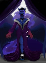 Size: 934x1280 | Tagged: safe, artist:blandy, nightmare moon, alicorn, anthro, unguligrade anthro, g4, breasts, busty nightmare moon, claws, clothes, digital art, dress, fangs, female, horn, jewelry, looking at you, moon, necklace, night, open mouth, solo, spread wings, wings
