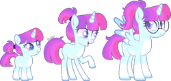Size: 3620x1702 | Tagged: safe, artist:kurosawakuro, oc, oc only, alicorn, pony, age progression, base used, coat markings, facial markings, female, filly, glasses, magical lesbian spawn, mare, offspring, pale belly, parent:rainbow dash, parent:twilight sparkle, parents:twidash, ponytail, raised hoof, snip (coat marking), socks (coat markings), solo, teenager, white belly